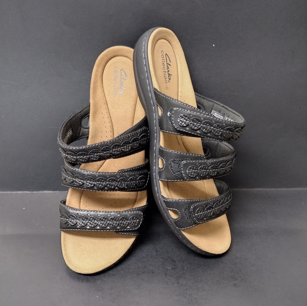 CLARKS - WOMEN'S  LEATHER BLACK SANDALS SIZE : 12 M